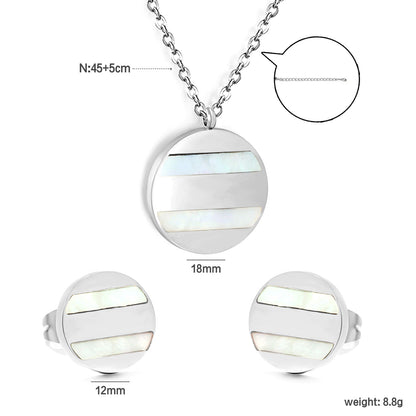 Round Sticky White Shell Set Steel/Gold Earrings:12mm Pendant:18mm 04Cross45+5cm+6mm Round Plate