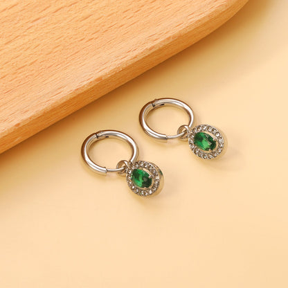 2x14.3mm Circle with Oval White&Red&Pink&Blue&Green Diamonds+White Diamond Hoop Earrings 8.4*10.2mm