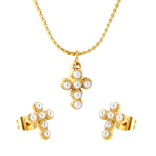 Cross stick imitation white pearl accessories set Gold color Width 1mm S chain 40+5+6mm round plate Pendant: 8.4*11mm Earrings: 8.4*11mm