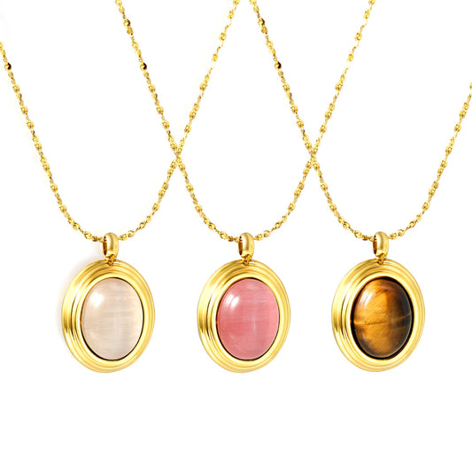 14*17mm oval with white/rose cat's eye/tiger's eye pendant 40+5cm+6mm round necklace gold color