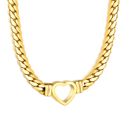 Stainless Steel Gold Hollow Heart Jewelry - 16.2*15mm Heart Pendant, 6mm Dragon Chain, 40+5cm Necklace with 6mm Disk