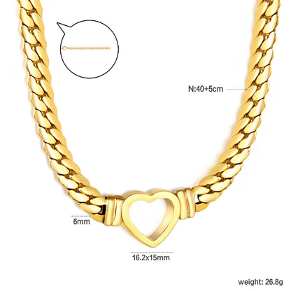Stainless Steel Gold Hollow Heart Jewelry - 16.2*15mm Heart Pendant, 6mm Dragon Chain, 40+5cm Necklace with 6mm Disk