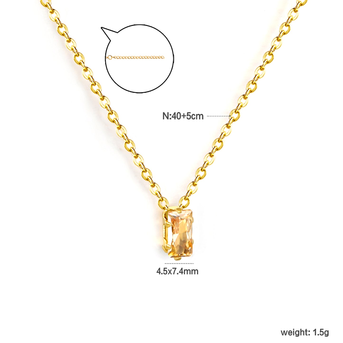 Bulk Gold Square Zirconia Pendant Necklace – 4.5*7.4mm (3 Colors) | 0.3mm Cross Chain | 40+5cm Adjustable | Wholesale Jewelry for Retailers