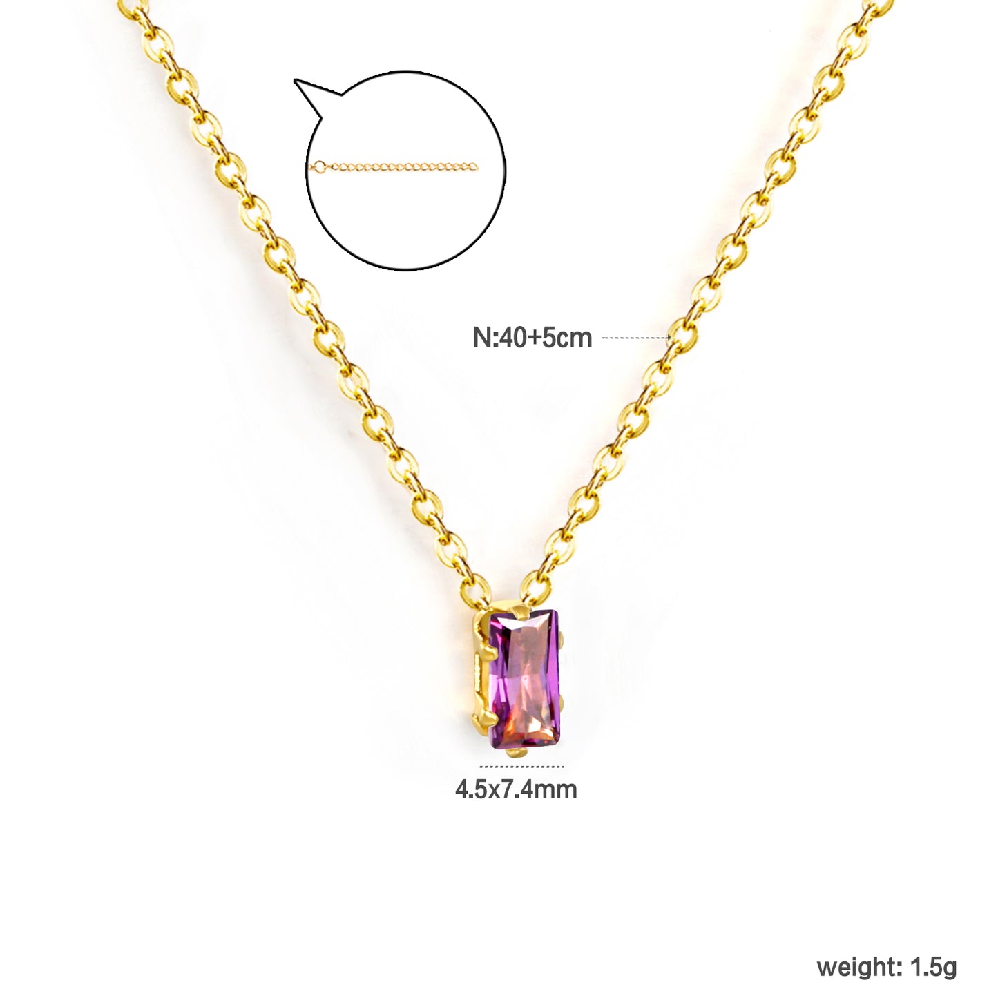 Bulk Gold Square Zirconia Pendant Necklace – 4.5*7.4mm (3 Colors) | 0.3mm Cross Chain | 40+5cm Adjustable | Wholesale Jewelry for Retailers