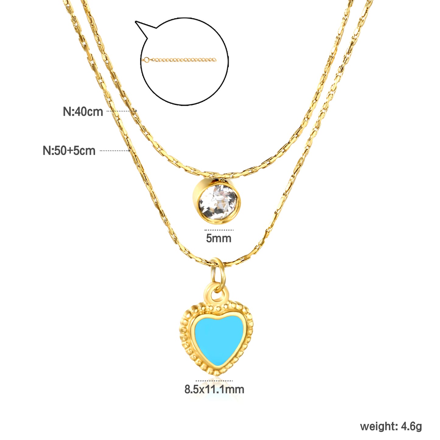 Bulk Double-Layer Gold Necklace Set | 5mm CZ Bar & Blue Dripping Love Heart Pendant | Adjustable Hammered Chains (50+40+5cm)