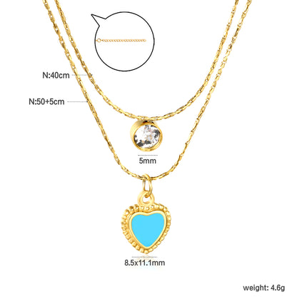 Bulk Double-Layer Gold Necklace Set | 5mm CZ Bar & Blue Dripping Love Heart Pendant | Adjustable Hammered Chains (50+40+5cm)