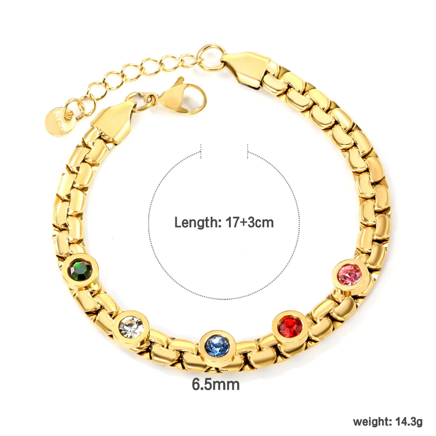 ✨ 18K Gold Plated Rainbow Zircon 17+3cm/20cm Bracelet Wholesale (MOQ 12+) | Stainless Steel Hypoallergenic 🌍 | Dainty Chain & Charm Bracelets