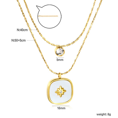 Bulk Double-Layer Gold Necklace Set | 5mm CZ Bar & 16mm Mother-of-Pearl Shell Pendant | 0.9mm Hammered Chains (Adjustable 50+40+5cm)