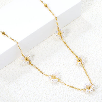 Wholesale 3mm*11 steel beads+5 flowers with white pearl pendant necklace 40+5cm