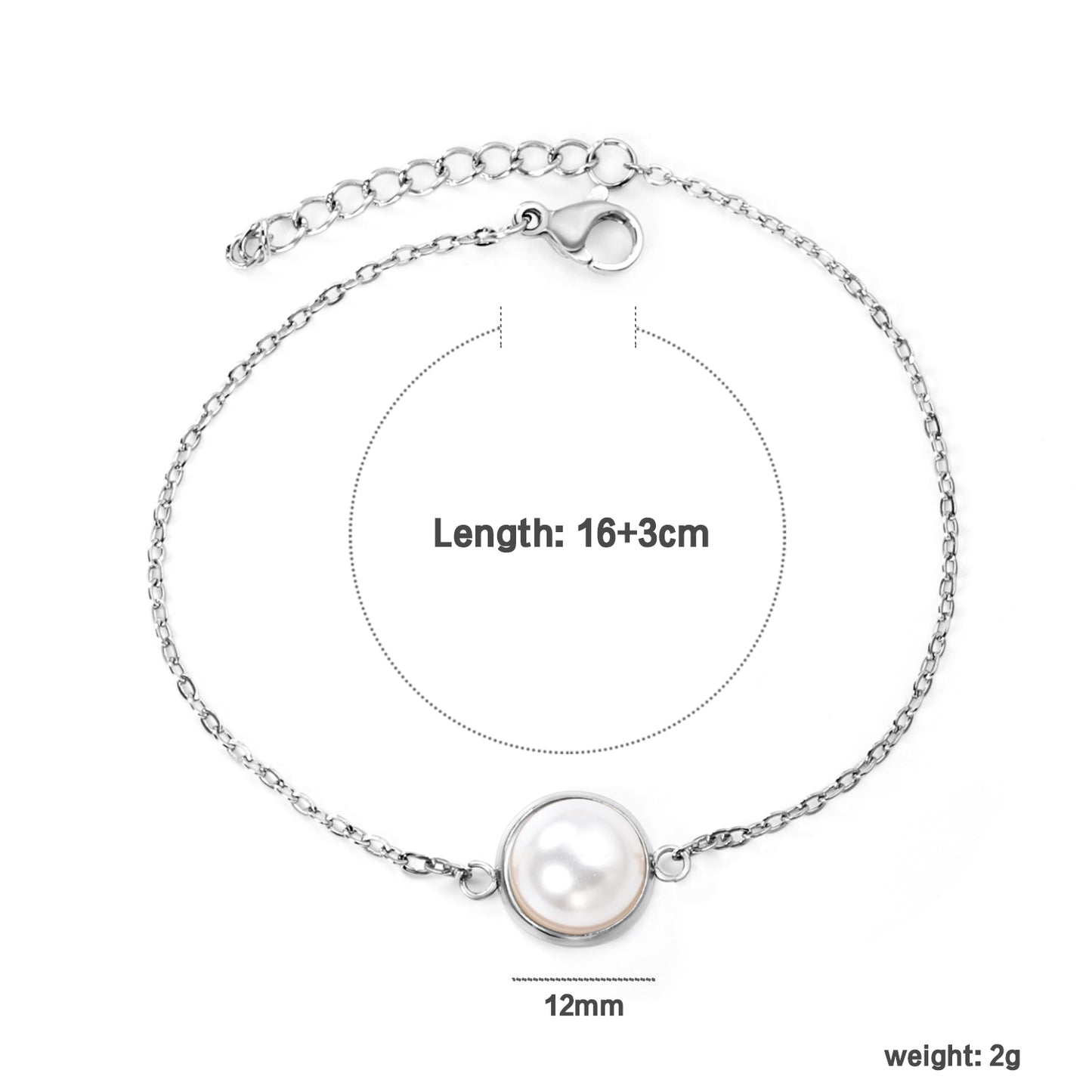 Stainless Steel Steel-Colored 12mm&14mm Round Bracelets with Half Pearl - 16+3cm, Wholesale Offer