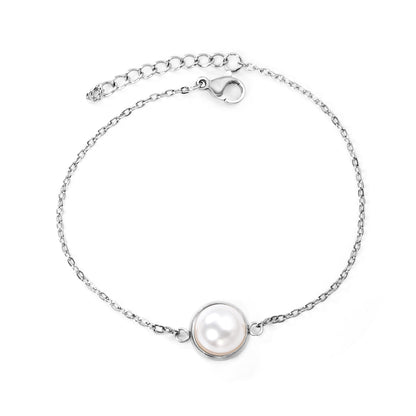 Stainless Steel Steel-Colored 12mm&14mm Round Bracelets with Half Pearl - 16+3cm, Wholesale Offer