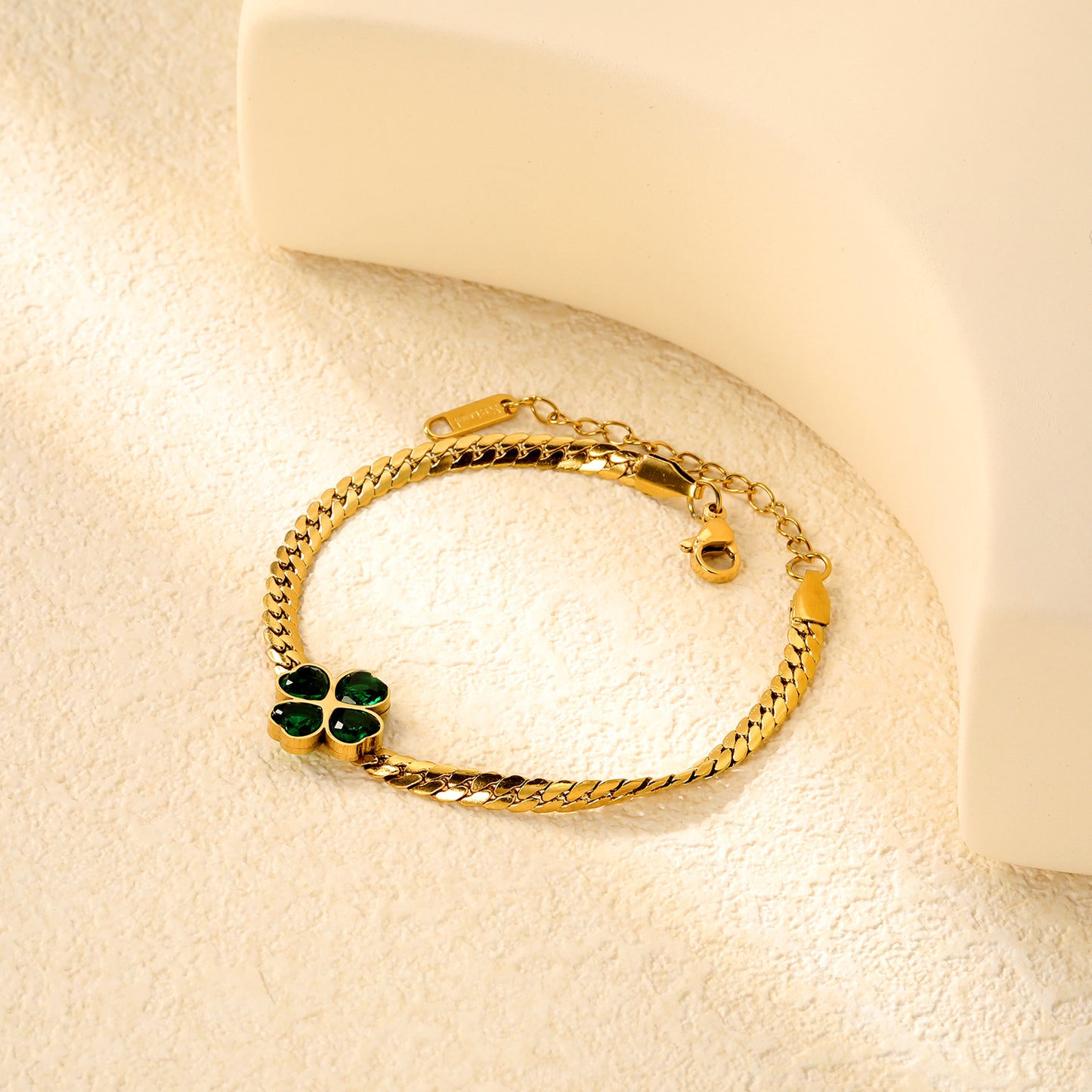 ✨ Wholesale Clover Green Zircon Bracelet - 13.5mm Stainless Steel w/ Dragon Chain 17+5cm (5.8g)