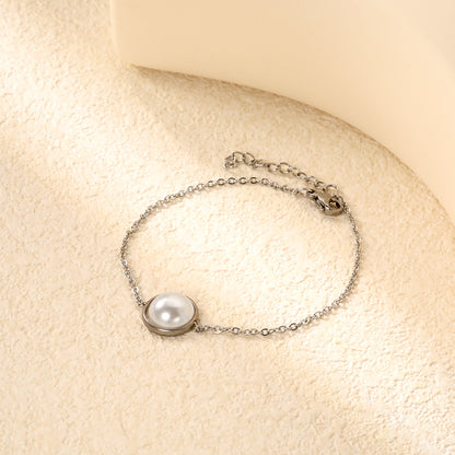 Stainless Steel Steel-Colored 12mm&14mm Round Bracelets with Half Pearl - 16+3cm, Wholesale Offer