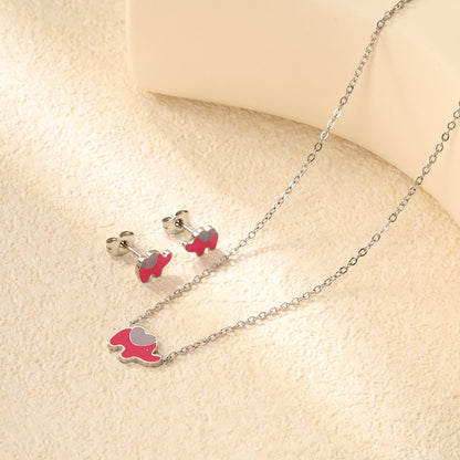8.6x6.4mm Pink Enamel Elephant Stud Earrings + 12.2x9mm  Pendant Set - 0.3mm Chain (45+5cm) & 6mm Round Tag - Stainless Steel Wholesale Jewelry