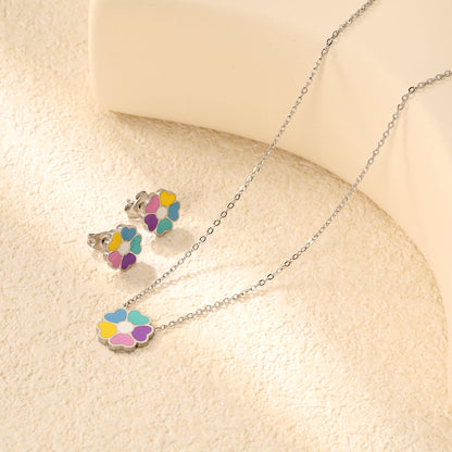 Bulk Colorful Flower Set Gold-Tone Stainless Steel Earrings & Necklace (4.3g) | Spring-Summer Wholesale Collection