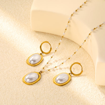 Wholesale Stainless Steel Pearl Jewelry Set - Gold Earrings & Pendant (16.3x23.6mm) with 3mm Pearls & 40+5cm Chain
