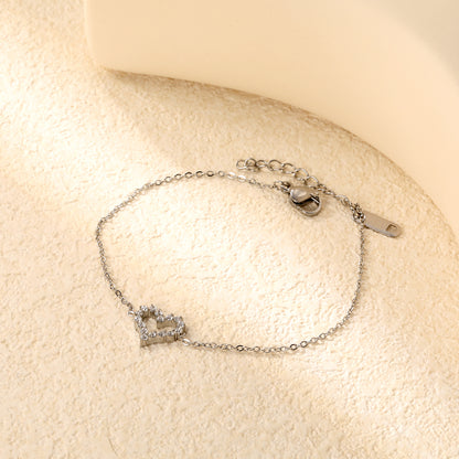 Stainless Steel Steel-Colored Hollow Heart Zircon Bracelets - 11.2*10mm, 17+3cm with 6mm Round End Plate