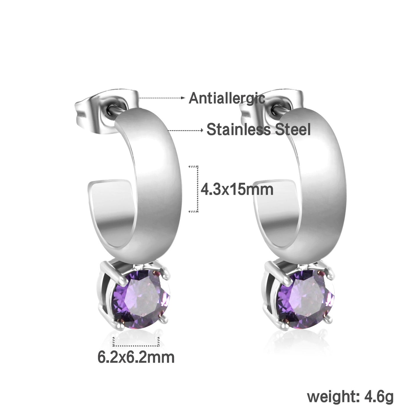 4.3*15mm C-shaped hoop with four scratches round white&black&purple&pink&green diamond stud earrings 6.2mm