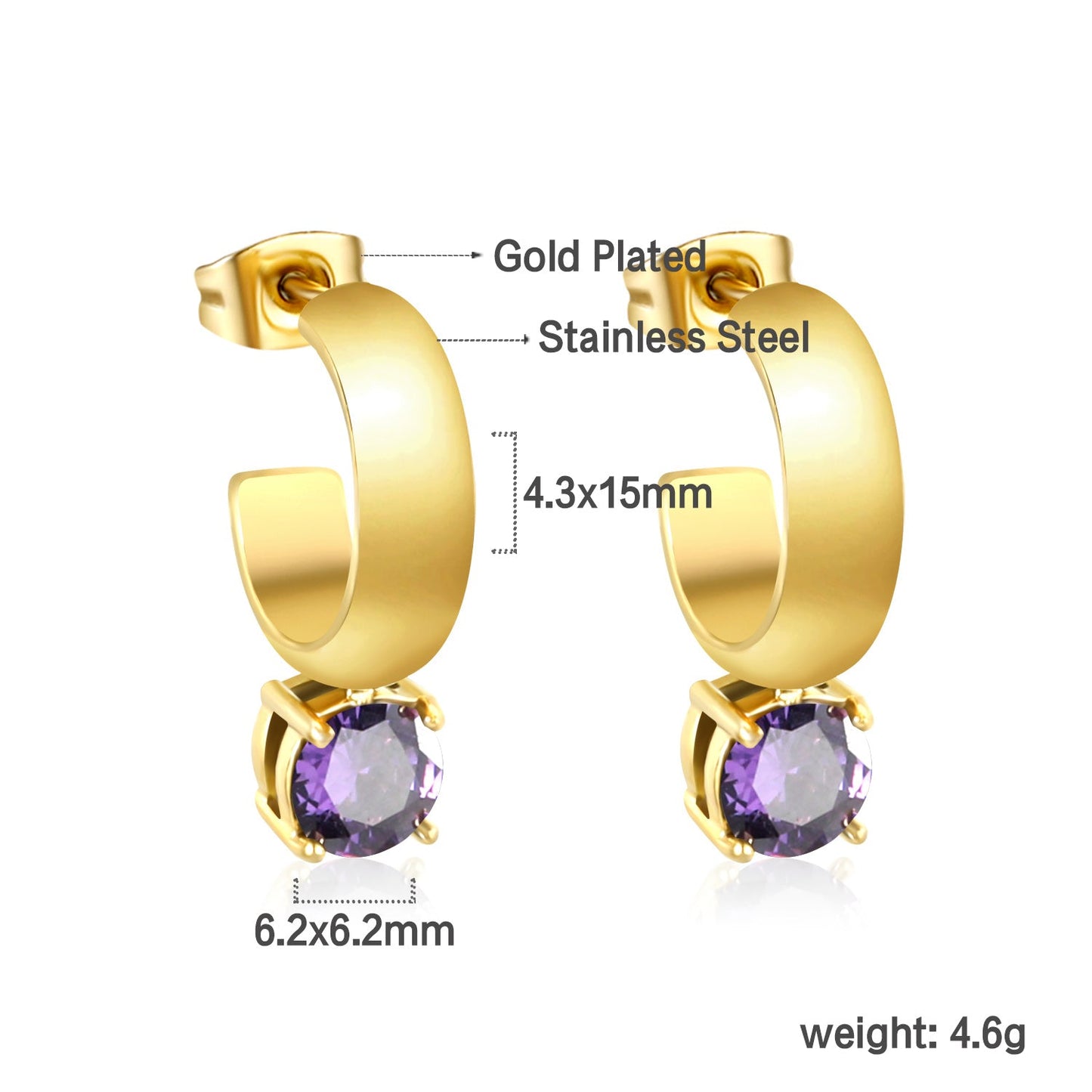 4.3*15mm C-shaped hoop with four scratches round white&black&purple&pink&green diamond stud earrings 6.2mm