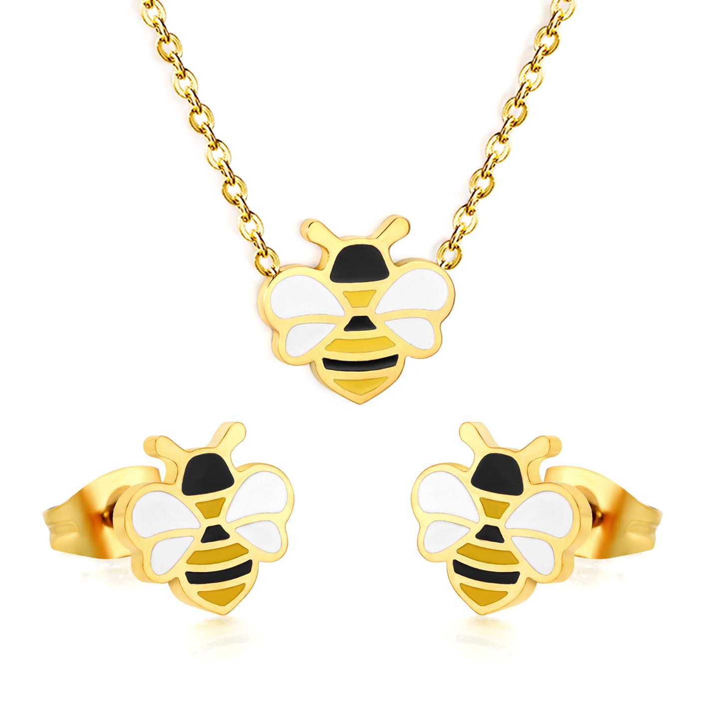 Wholesale Bee Jewelry Set - Enamel & Stainless Steel | Waterproof Hypoallergenic Earrings & Necklace | Matching Set