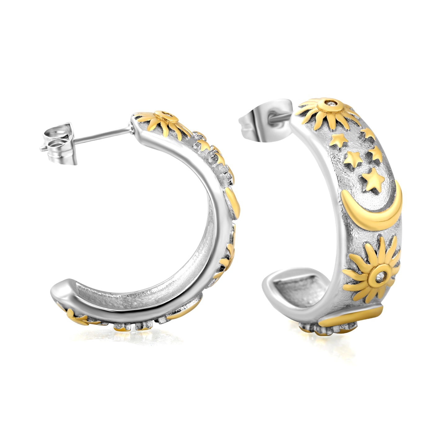 Wholesale C-Shape Celestial Earrings | Two-Tone Moon Star Sun Earrings with Crystals | Bulk Stainless Steel Jewelry