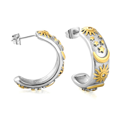Wholesale C-Shape Celestial Earrings | Two-Tone Moon Star Sun Earrings with Crystals | Bulk Stainless Steel Jewelry