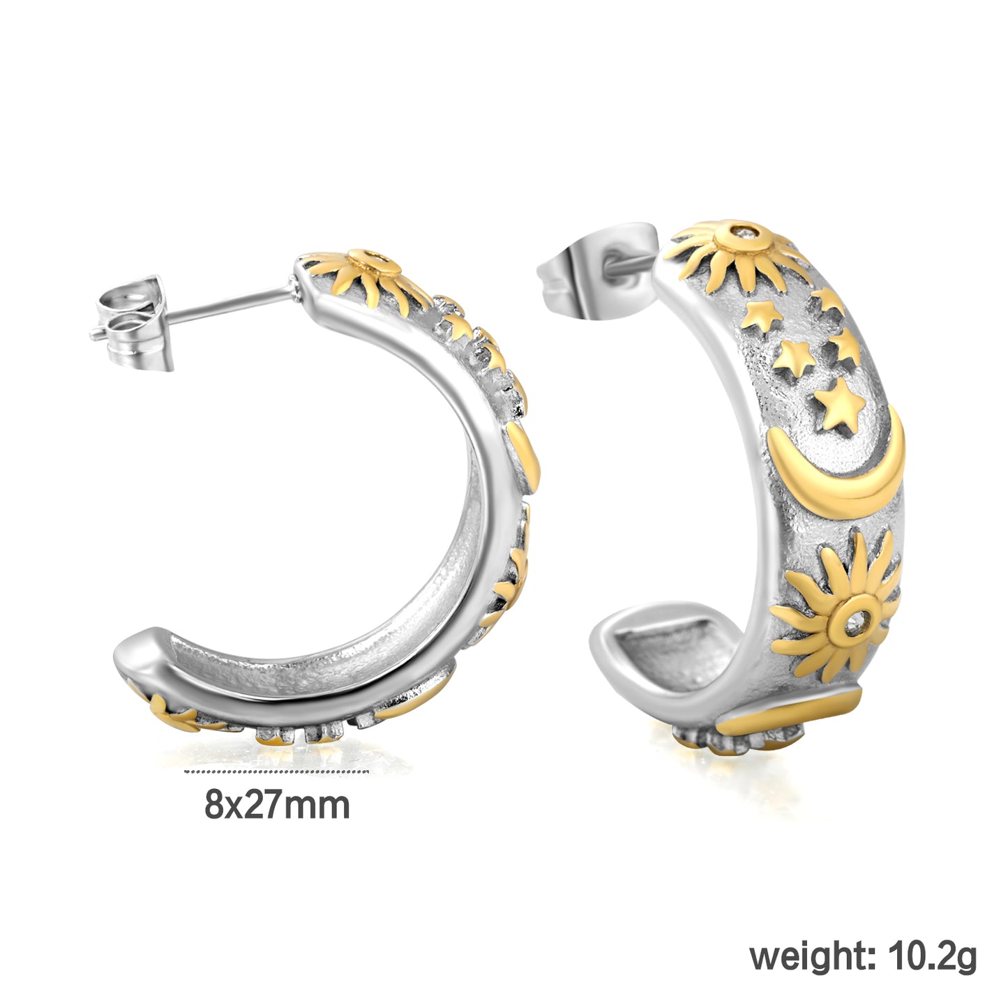 Wholesale C-Shape Celestial Earrings | Two-Tone Moon Star Sun Earrings with Crystals | Bulk Stainless Steel Jewelry