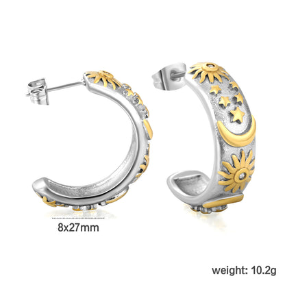 Wholesale C-Shape Celestial Earrings | Two-Tone Moon Star Sun Earrings with Crystals | Bulk Stainless Steel Jewelry