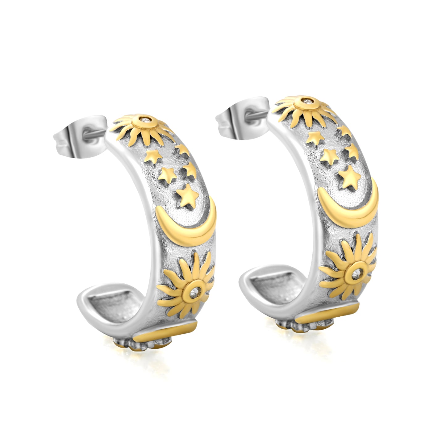 Wholesale C-Shape Celestial Earrings | Two-Tone Moon Star Sun Earrings with Crystals | Bulk Stainless Steel Jewelry