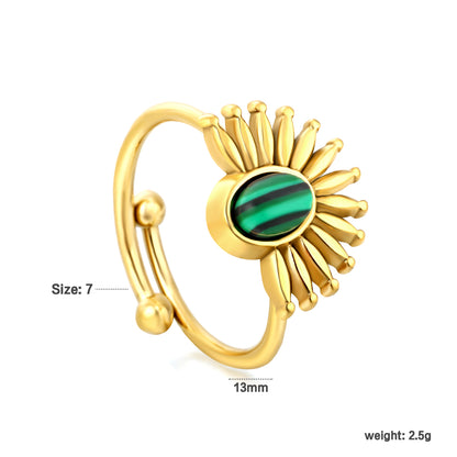 Wholesale Adjustable Sunflower Ring | Malachite Gemstone & Stainless Steel | Waterproof Hypoallergenic Jewelry