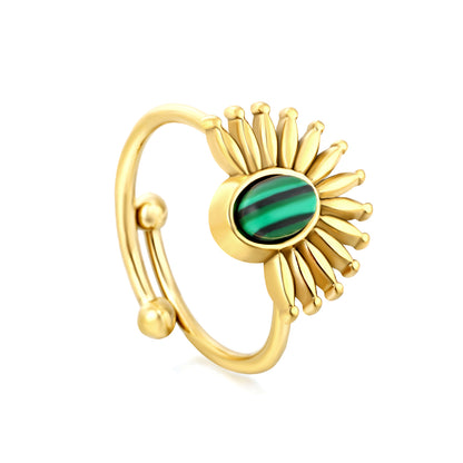Wholesale Adjustable Sunflower Ring | Malachite Gemstone & Stainless Steel | Waterproof Hypoallergenic Jewelry