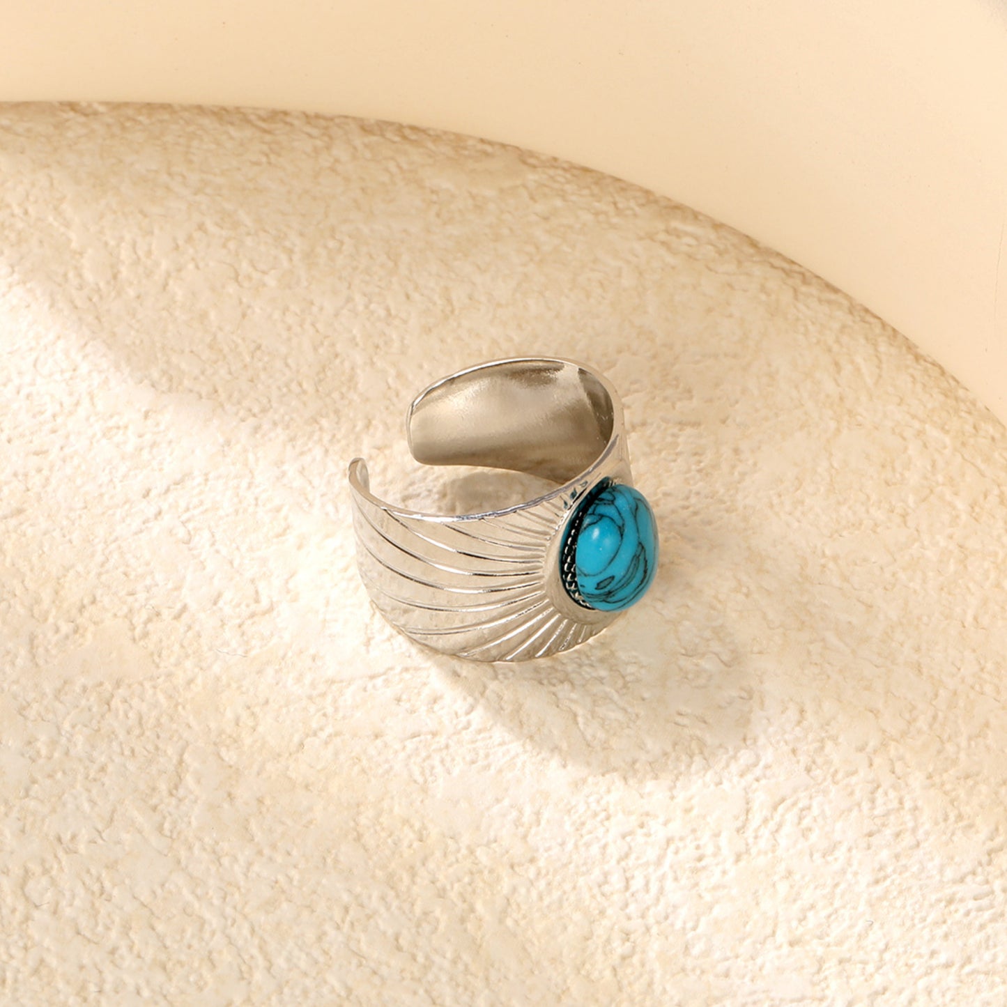 Stainless Steel Blue Turquoise Open Rings in Steel Color - 14.2mm Height, Wholesale Offer