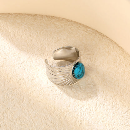 Stainless Steel Blue Turquoise Open Rings in Steel Color - 14.2mm Height, Wholesale Offer