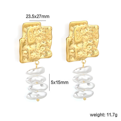 Stainless Steel Hammered Square Pearl Drop Earrings | 18K Gold Plated Statement Jewelry