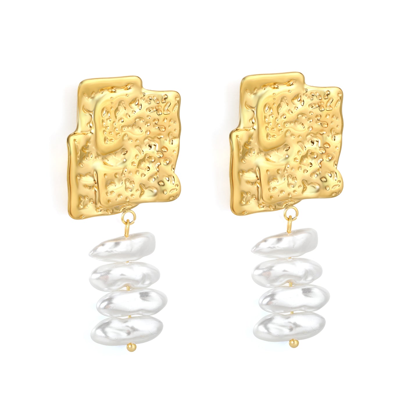 Stainless Steel Hammered Square Pearl Drop Earrings | 18K Gold Plated Statement Jewelry
