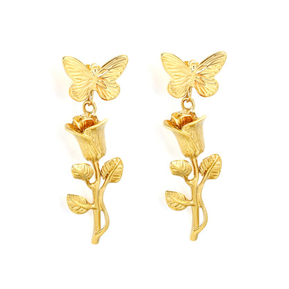 Dainty Rose Stem Butterfly Earrings | Hypoallergenic Stainless Steel for Women