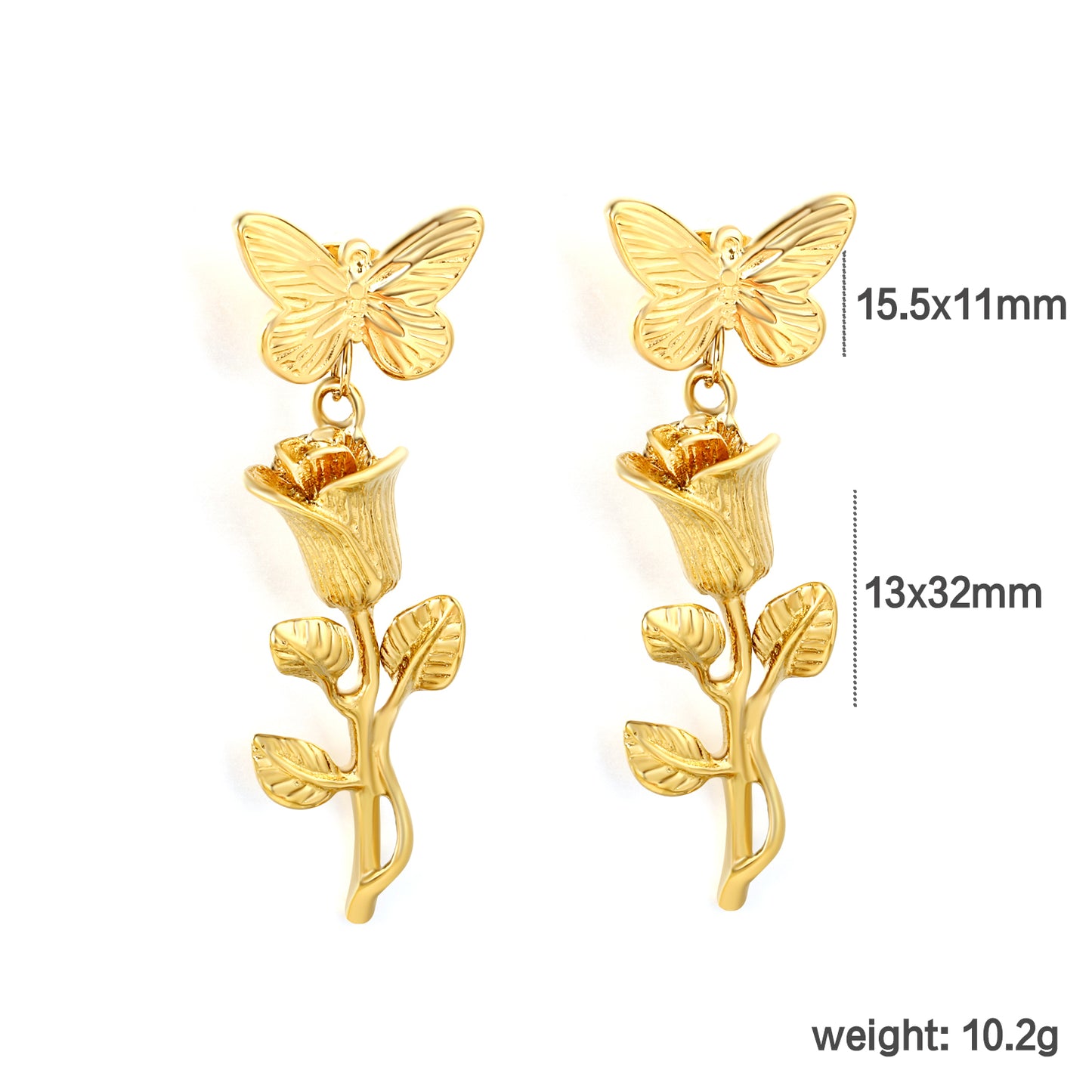 Dainty Rose Stem Butterfly Earrings | Hypoallergenic Stainless Steel for Women