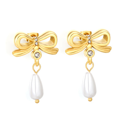 18K Gold Plated Bow Teardrop Pearl Earrings | Vintage Inspired Dangle Stainless Steel Earrings