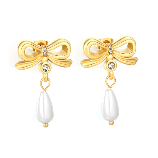 18K Gold Plated Bow Teardrop Pearl Earrings | Vintage Inspired Dangle Stainless Steel Earrings