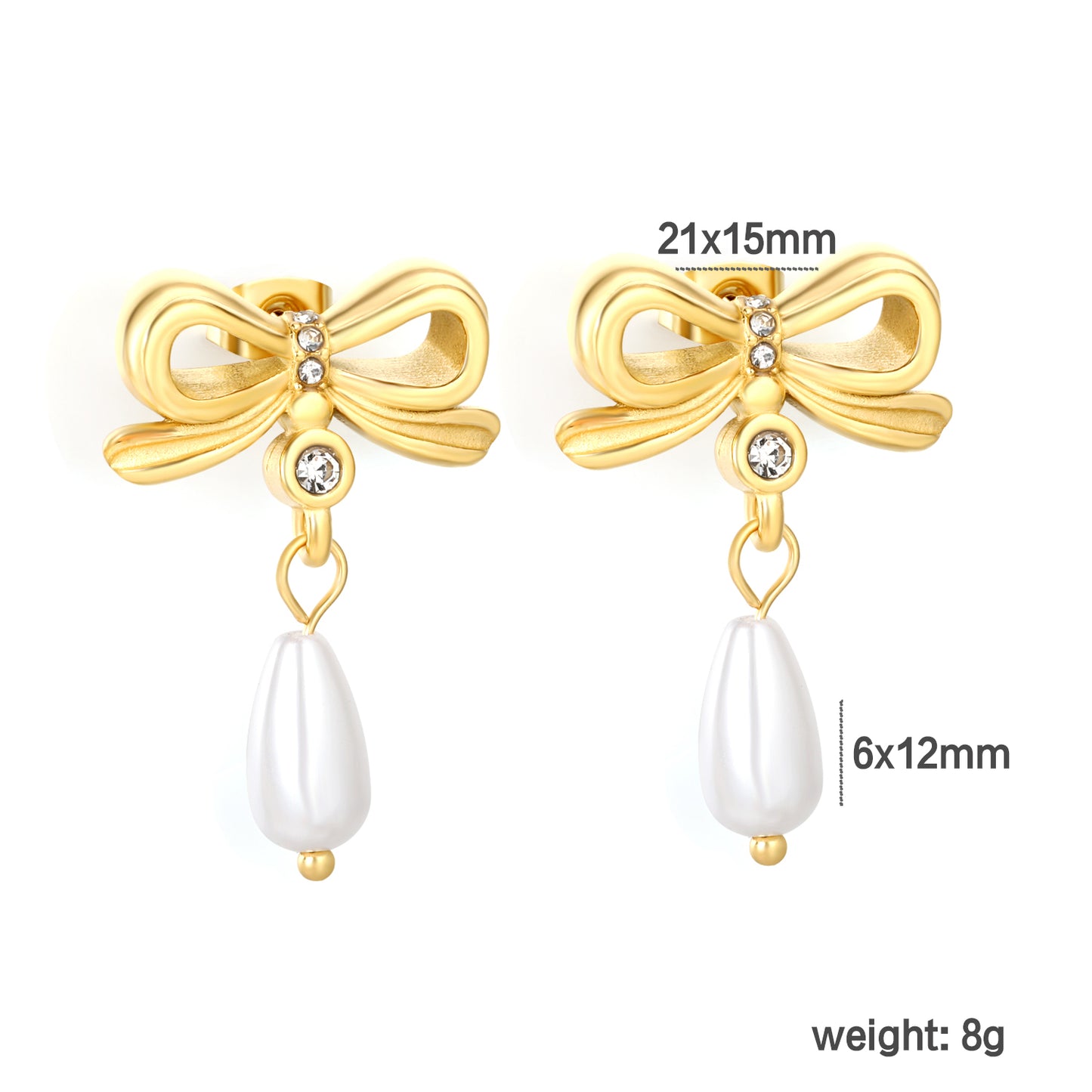 18K Gold Plated Bow Teardrop Pearl Earrings | Vintage Inspired Dangle Stainless Steel Earrings