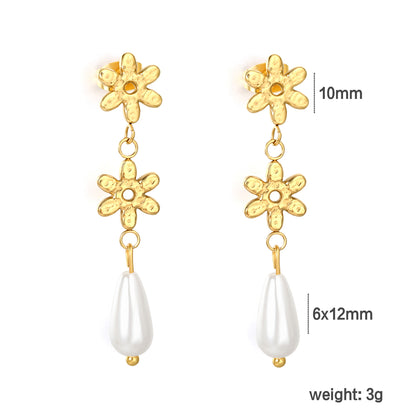 Stainless Steel Flower Earrings with Pearl | Long Dangle Earrings for Women | Elegant Floral Jewelry