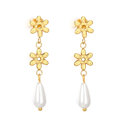 Stainless Steel Flower Earrings with Pearl | Long Dangle Earrings for Women | Elegant Floral Jewelry