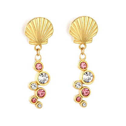 Nautical Shell CZ Drop Earrings | Gold Stainless Steel Summer Statement Jewelry