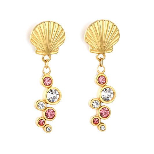 Nautical Shell CZ Drop Earrings | Gold Stainless Steel Summer Statement Jewelry
