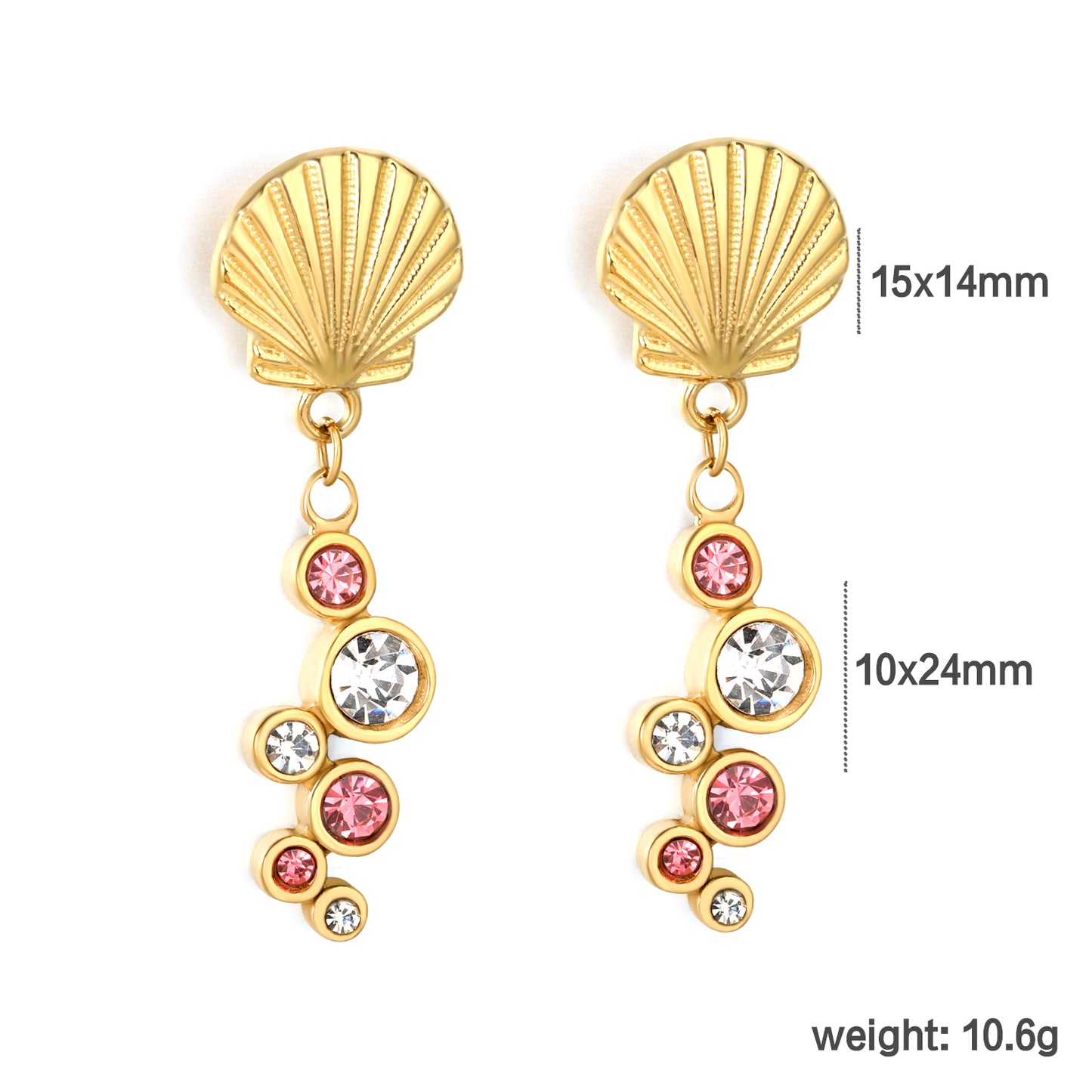 Nautical Shell CZ Drop Earrings | Gold Stainless Steel Summer Statement Jewelry