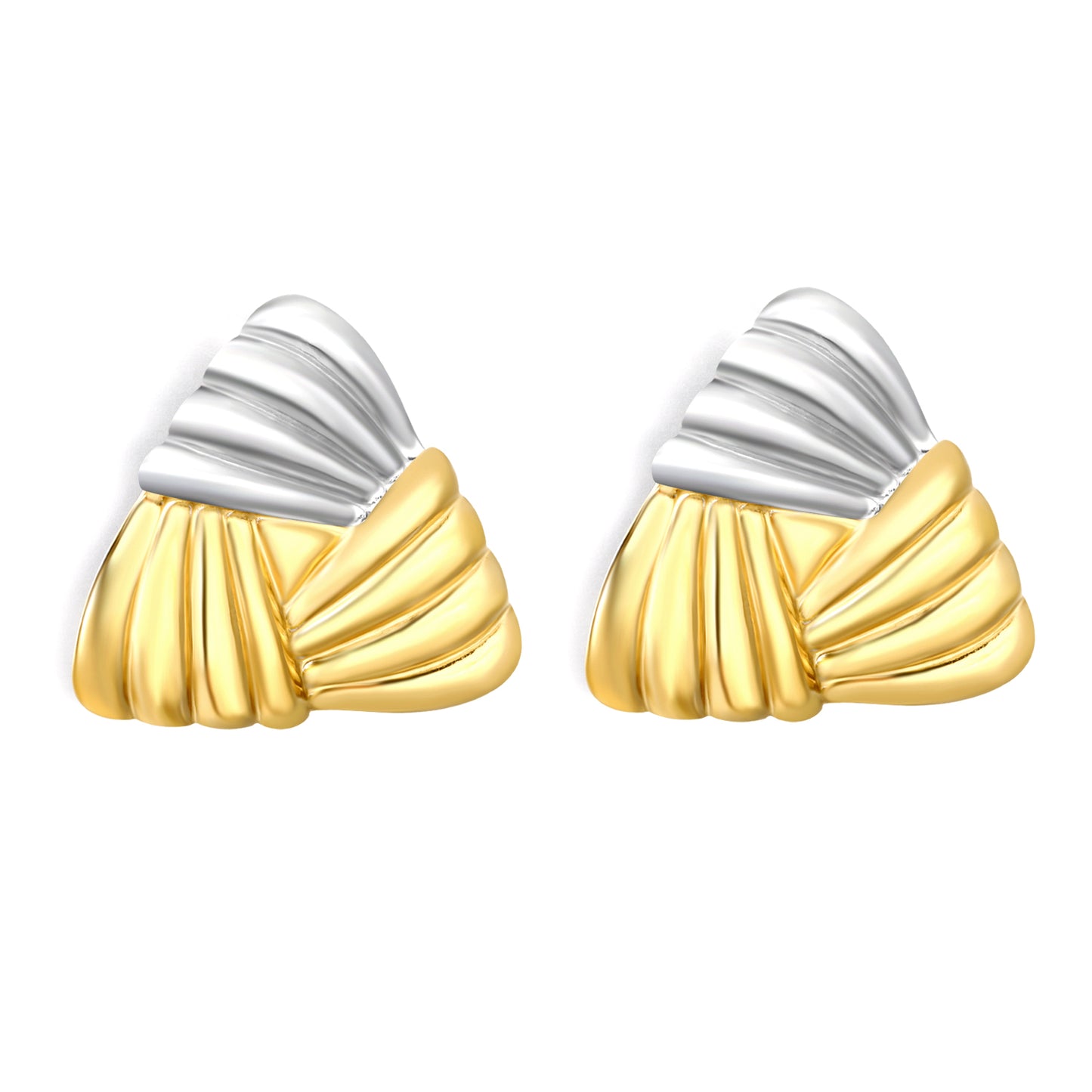 Stainless Steel Two-Tone Ribbed Triangle Stud Earrings | Gold & Steel Textured Jewelry