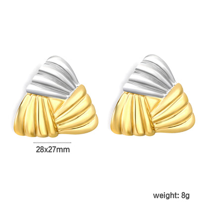Stainless Steel Two-Tone Ribbed Triangle Stud Earrings | Gold & Steel Textured Jewelry