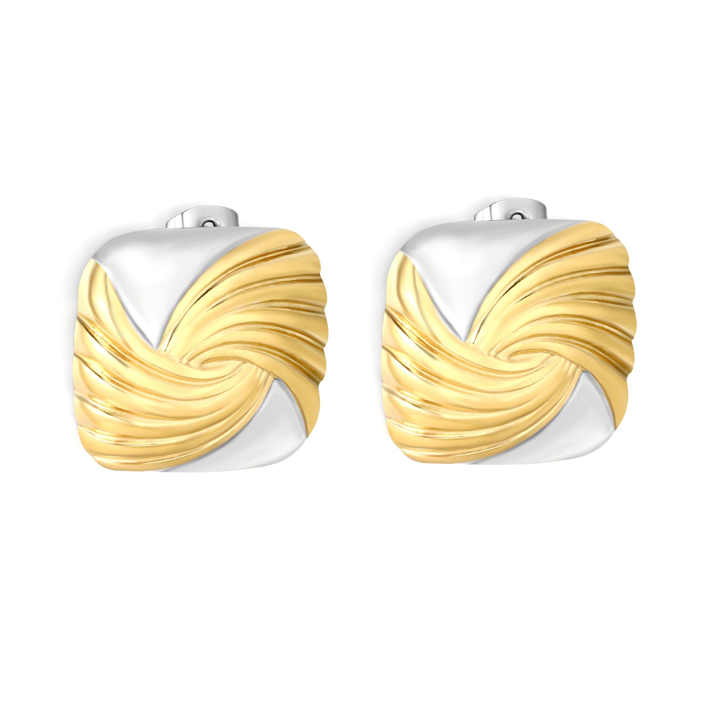 Mixed Metal Swirl Square Earrings | Hypoallergenic Waterproof Statement Studs