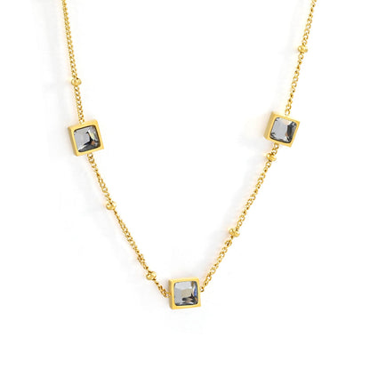 3 square white & red & lake blue & green diamond pendant bead chain necklace 39+5cm gold color