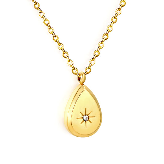 Gold Teardrop Locket Necklace with Starburst CZ | Stainless Steel Jewelry
